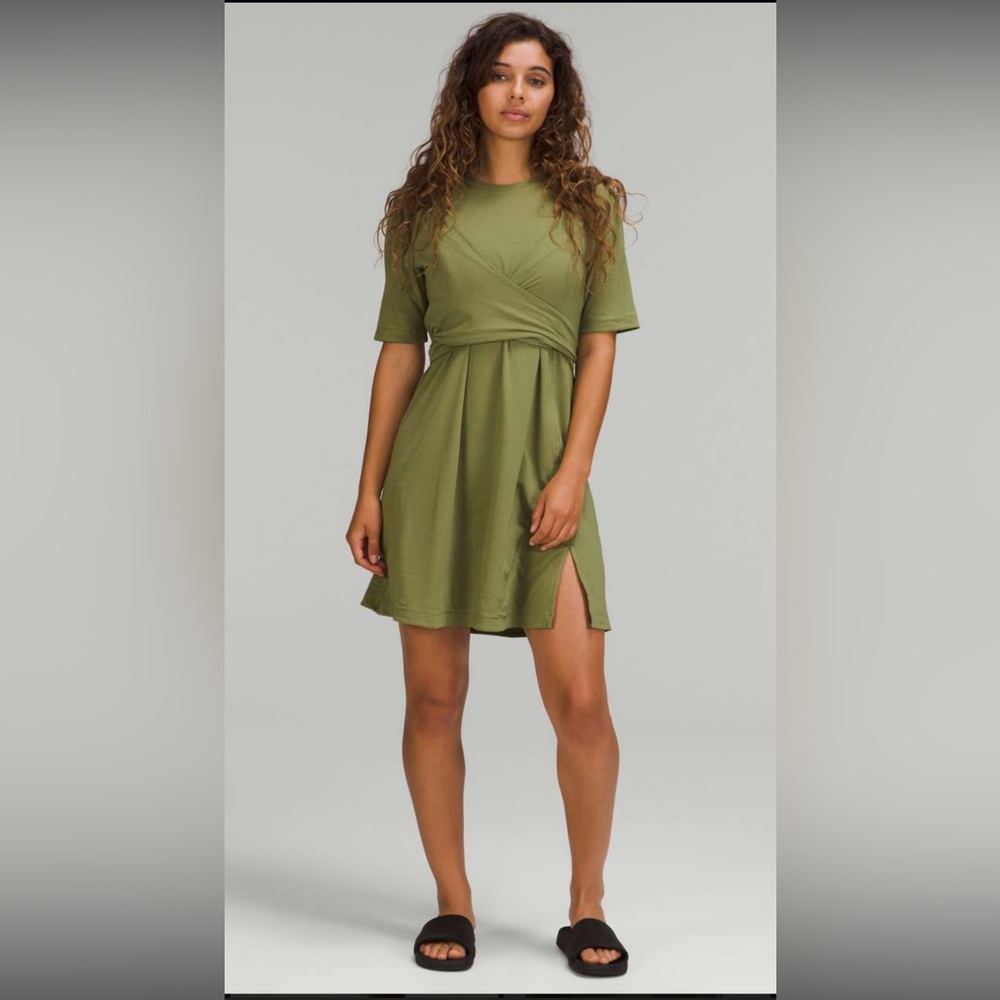 Lululemon Cotton Wrap Front T-shirt Dress Short Sleeve Size 8 Bronze Green